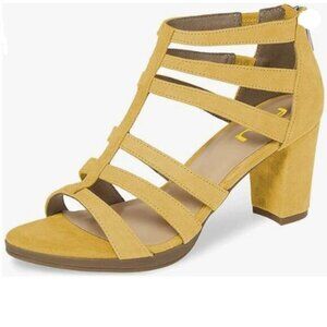 FSJ Women Chunky Mid High Heel Sandals Open Toe T-Strap Pumps Cutout  Yellow